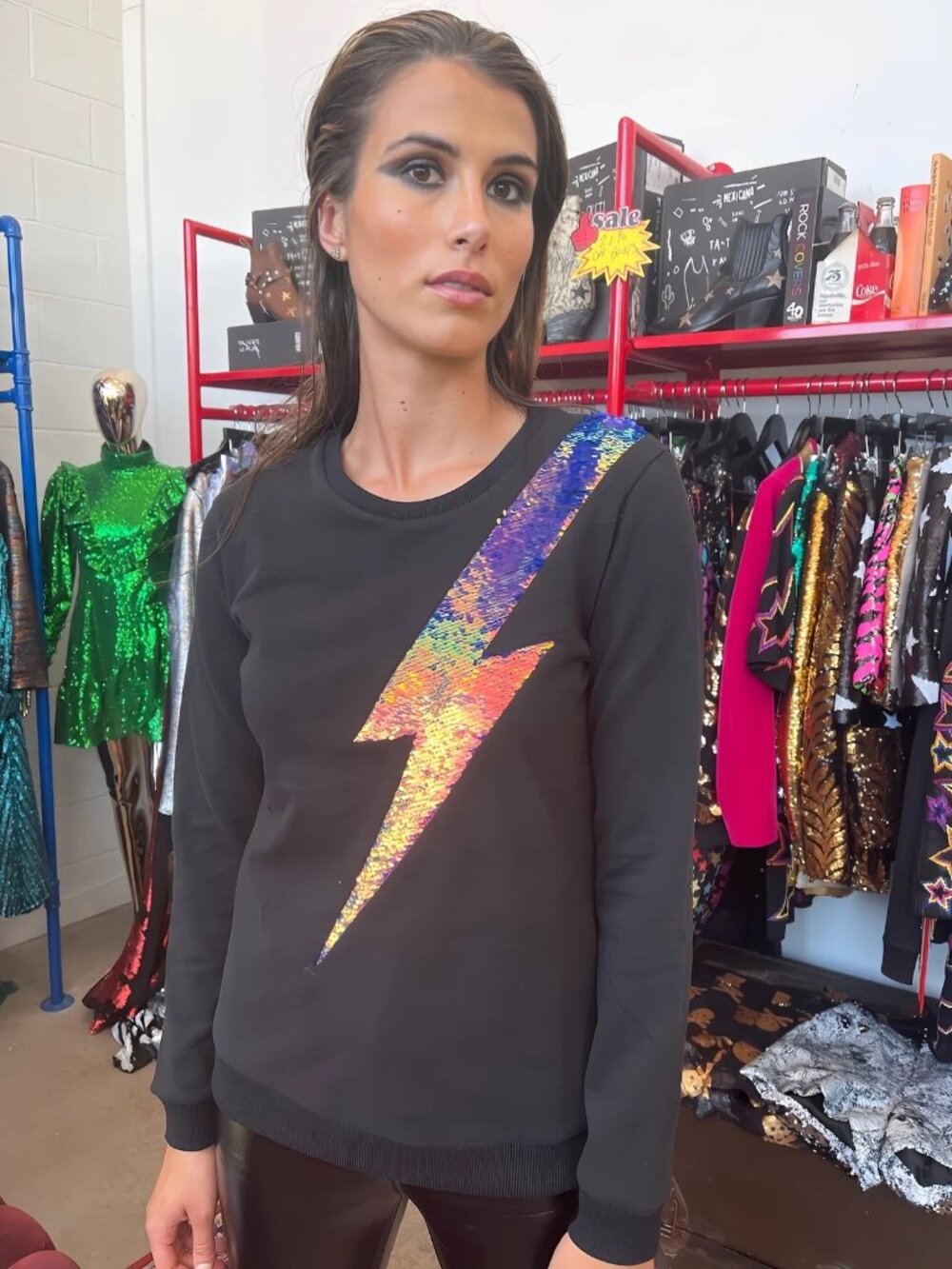 Any Old Iron Oil Slick Lightning Bolt Sweatshirt XS Black Sequin Glam Rock